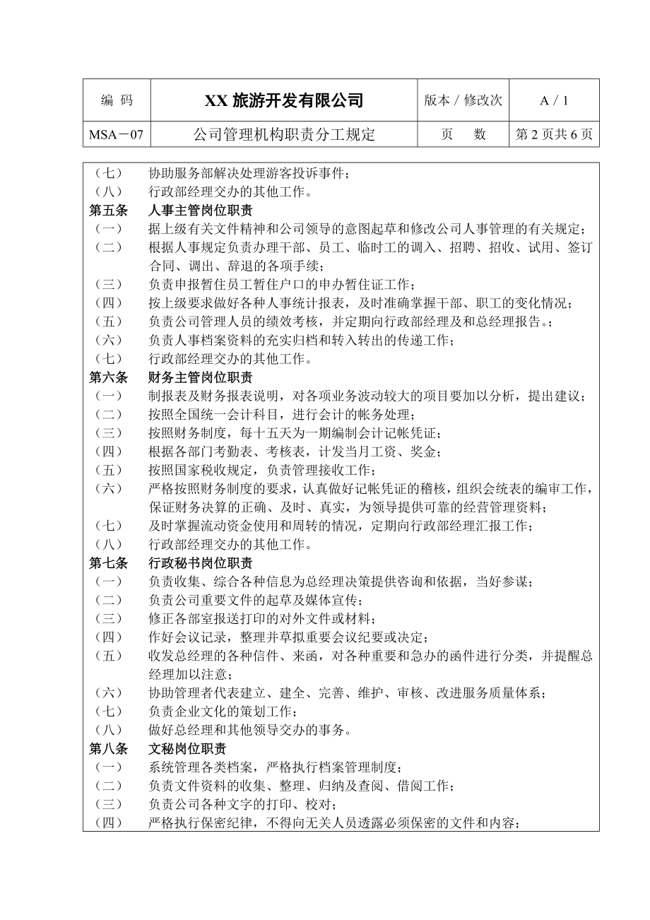 XX旅游开发有限公司管理机构职责分工规定.doc