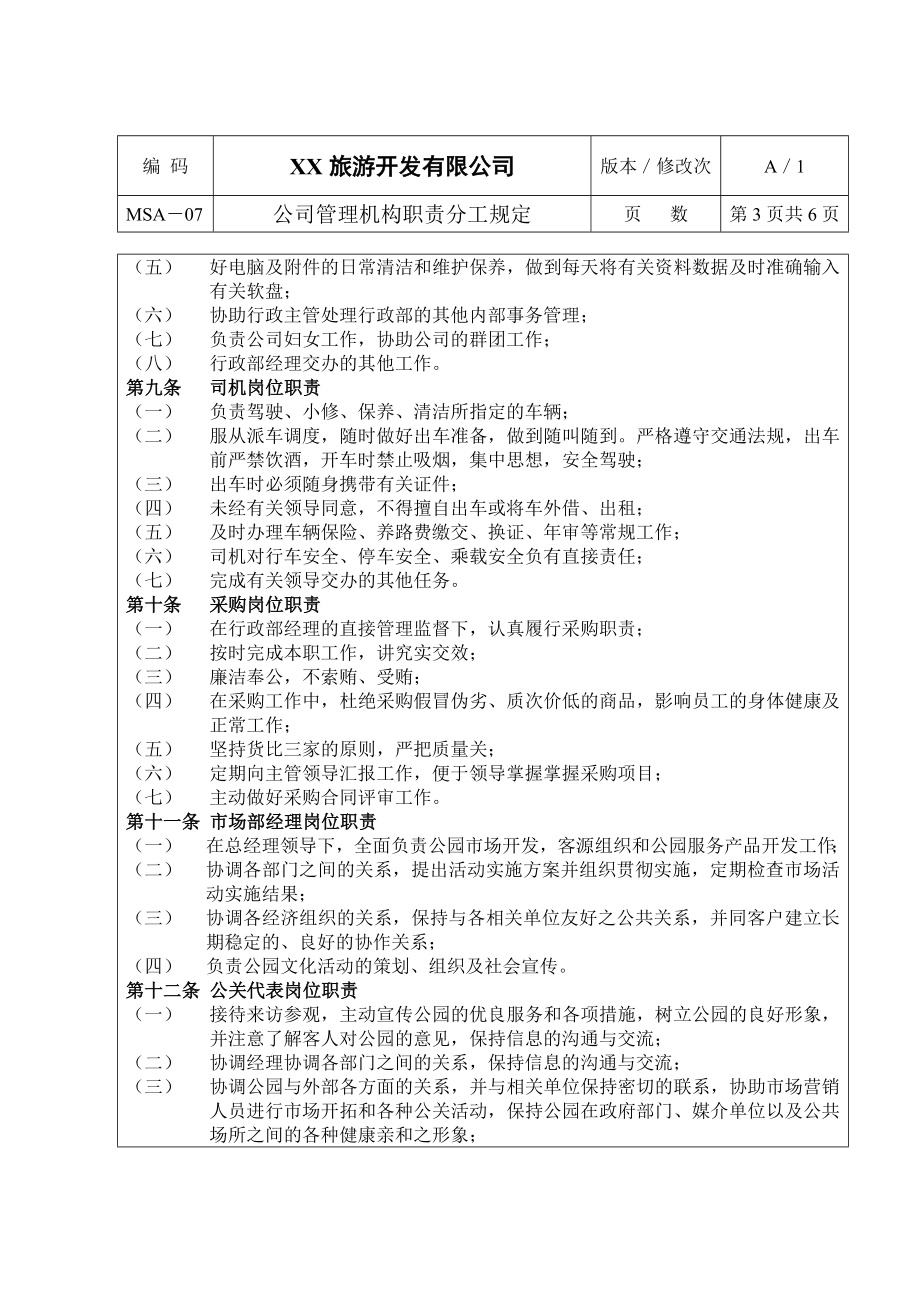 XX旅游开发有限公司管理机构职责分工规定.doc