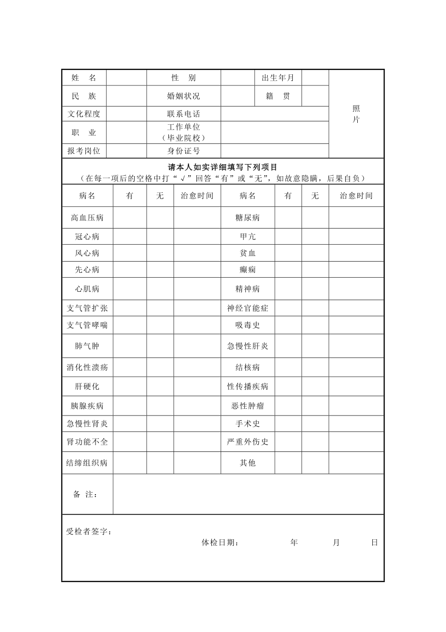 体检事业单位聘用体检表.doc