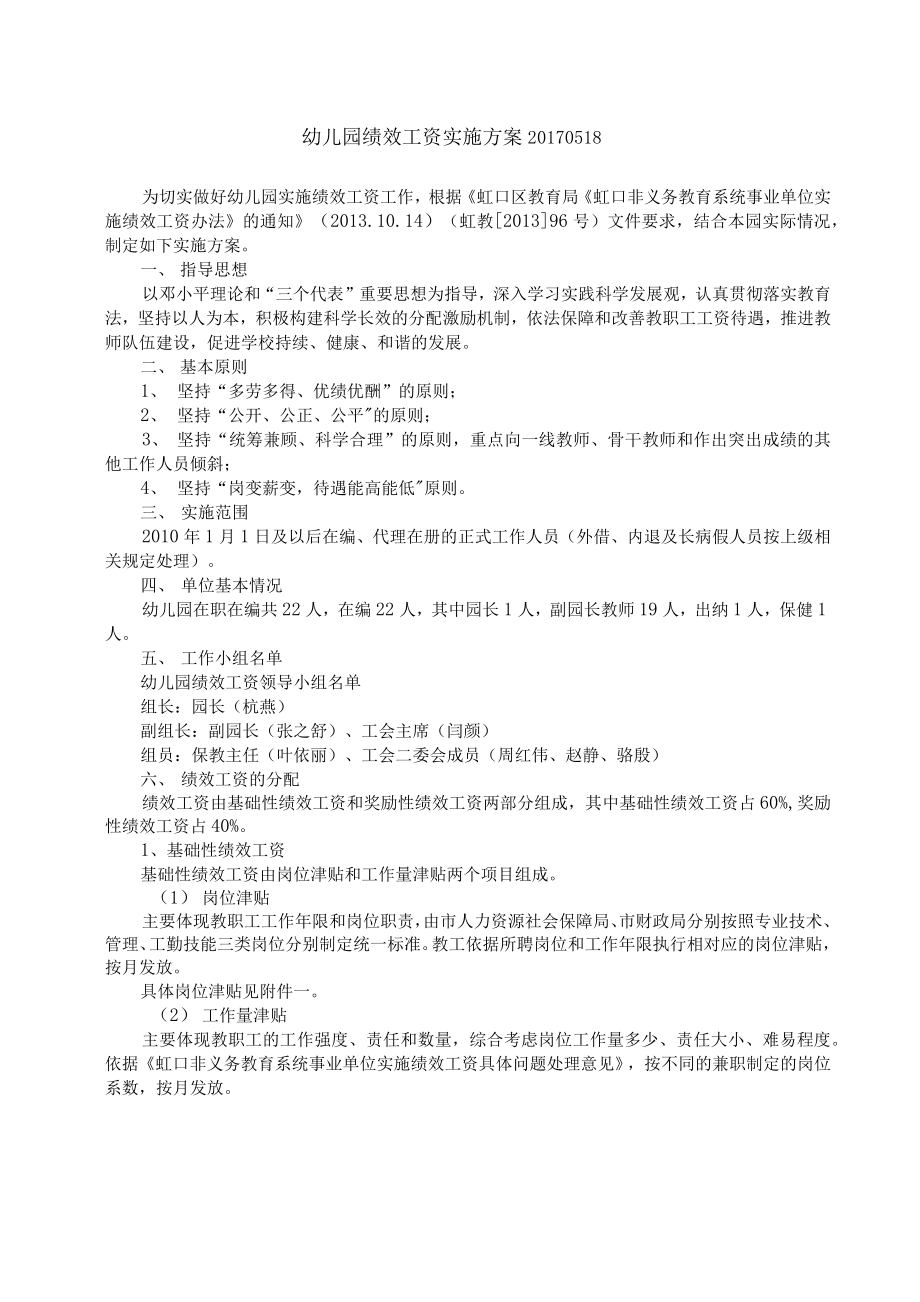 幼儿园工资奖金分配方案绩效工资实施方案.doc