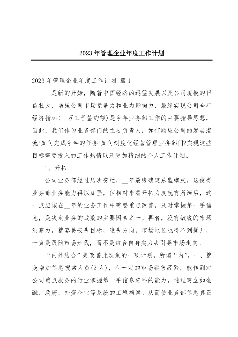 2023年管理企业年度工作计划.doc