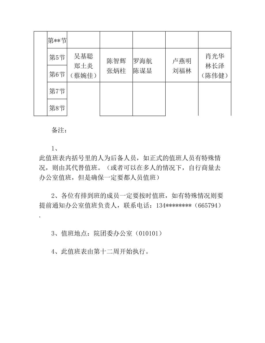 团委办公室值班表.doc