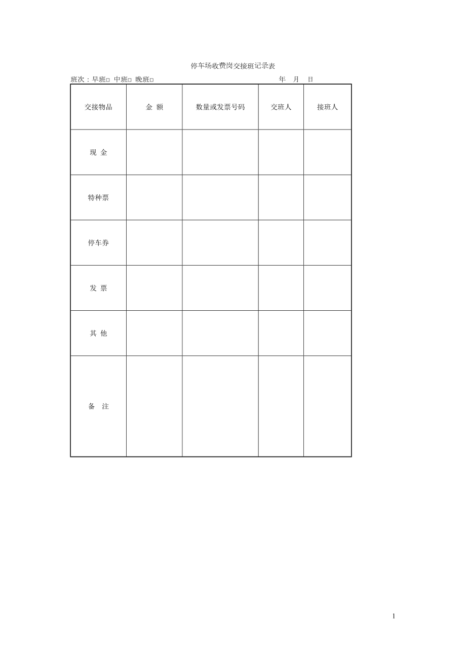 停车场收费岗交接班记录表.doc