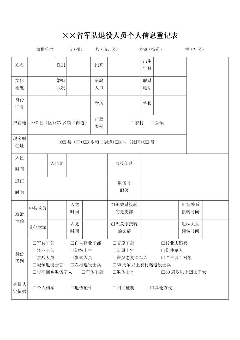 军队退役人员个人信息登记表Word版.doc