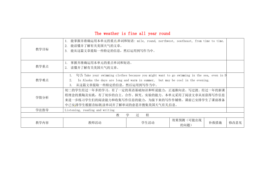 八年级英语上册Module10Unit2Theweatherisfineallyearround教案（新版）外研版(2).doc