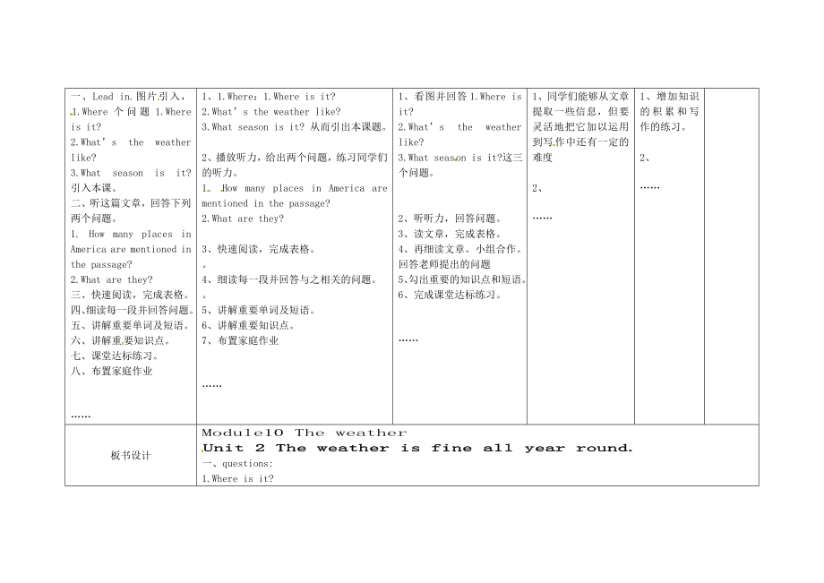 八年级英语上册Module10Unit2Theweatherisfineallyearround教案（新版）外研版(2).doc