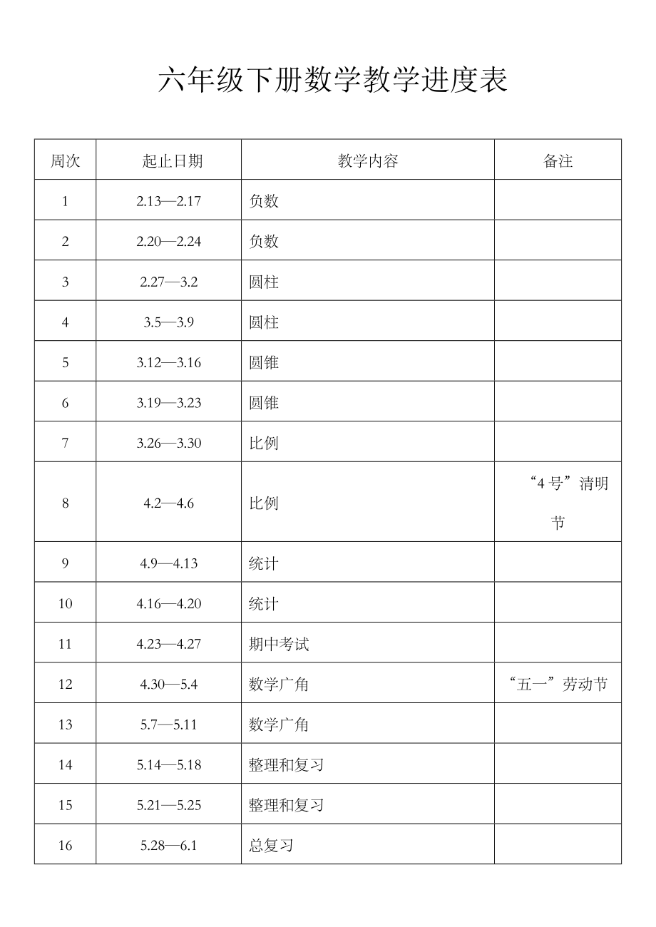 六年级下册数学教学进度表.doc