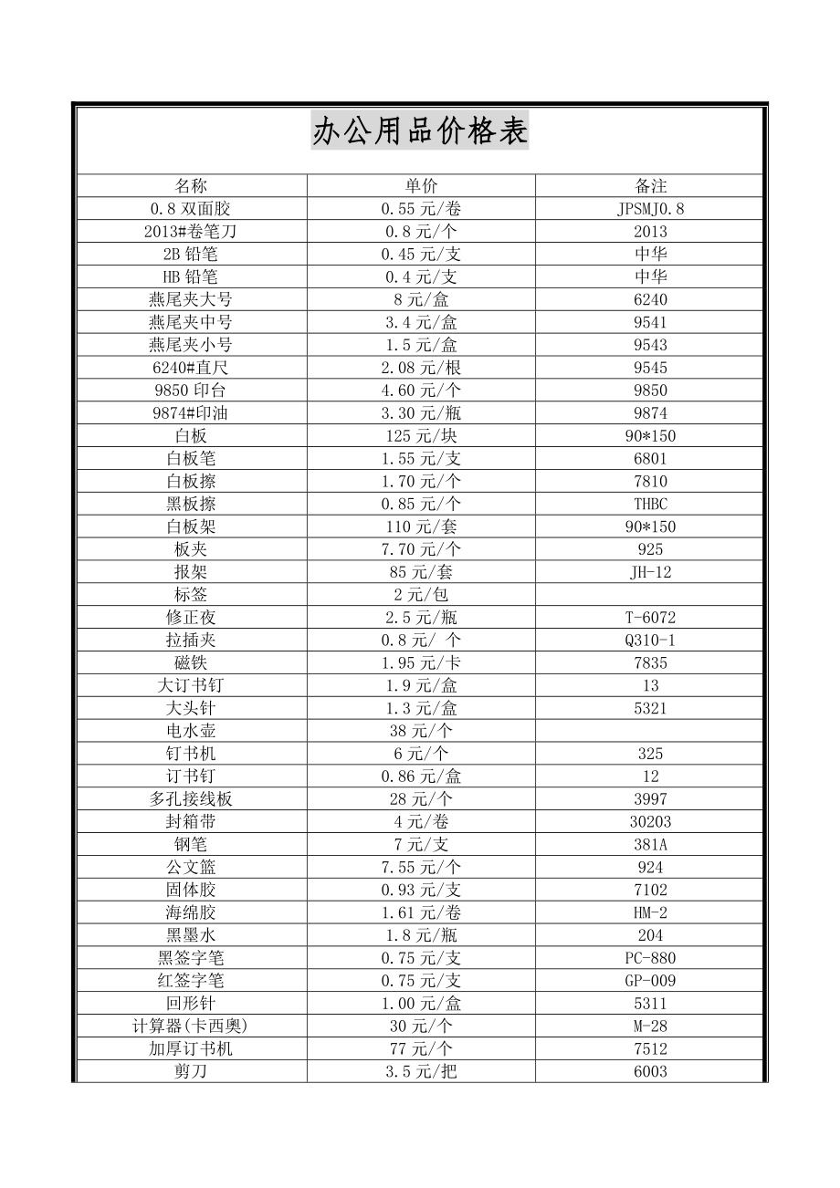 办公用品价格表.doc