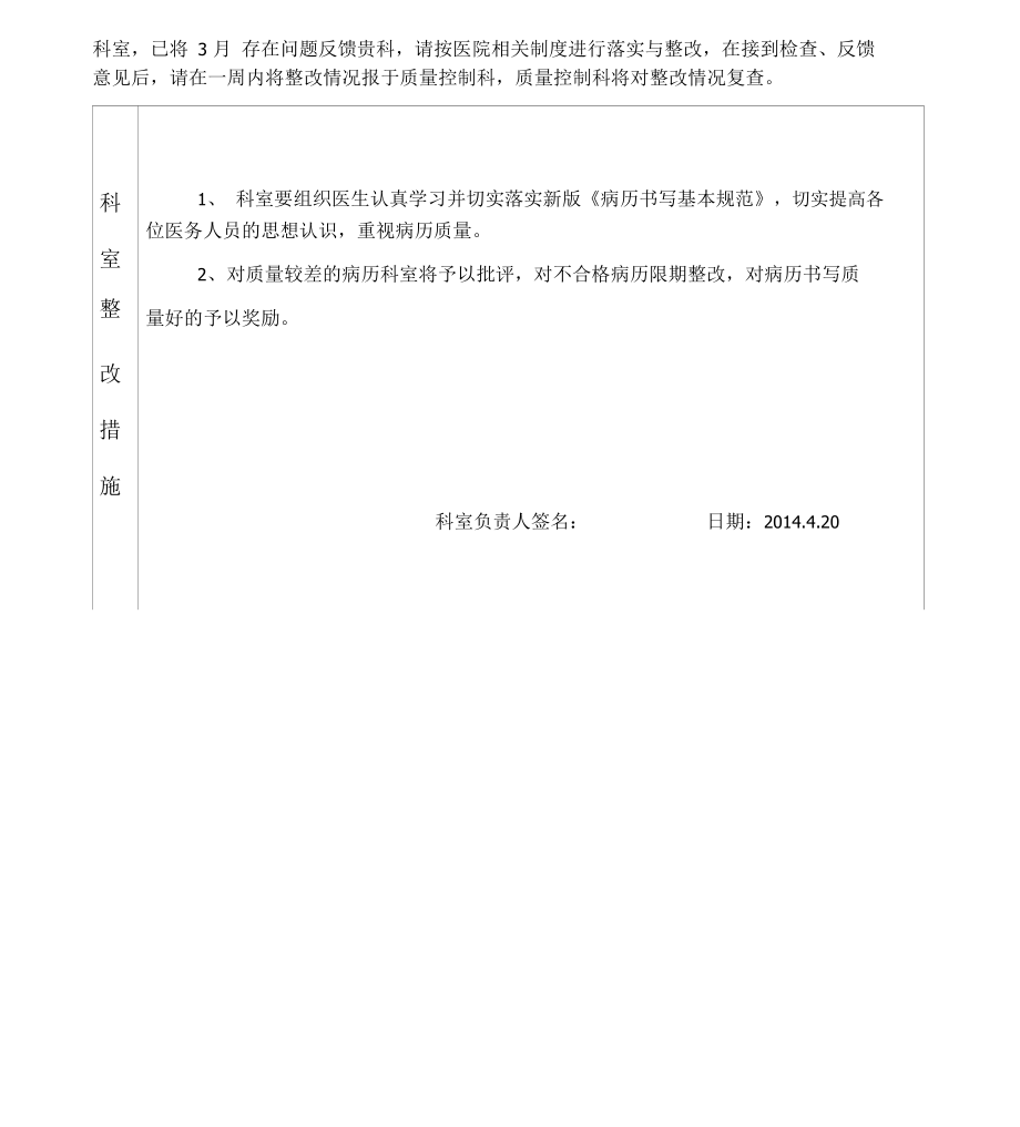 医疗质量与安全检查反馈整改表.doc