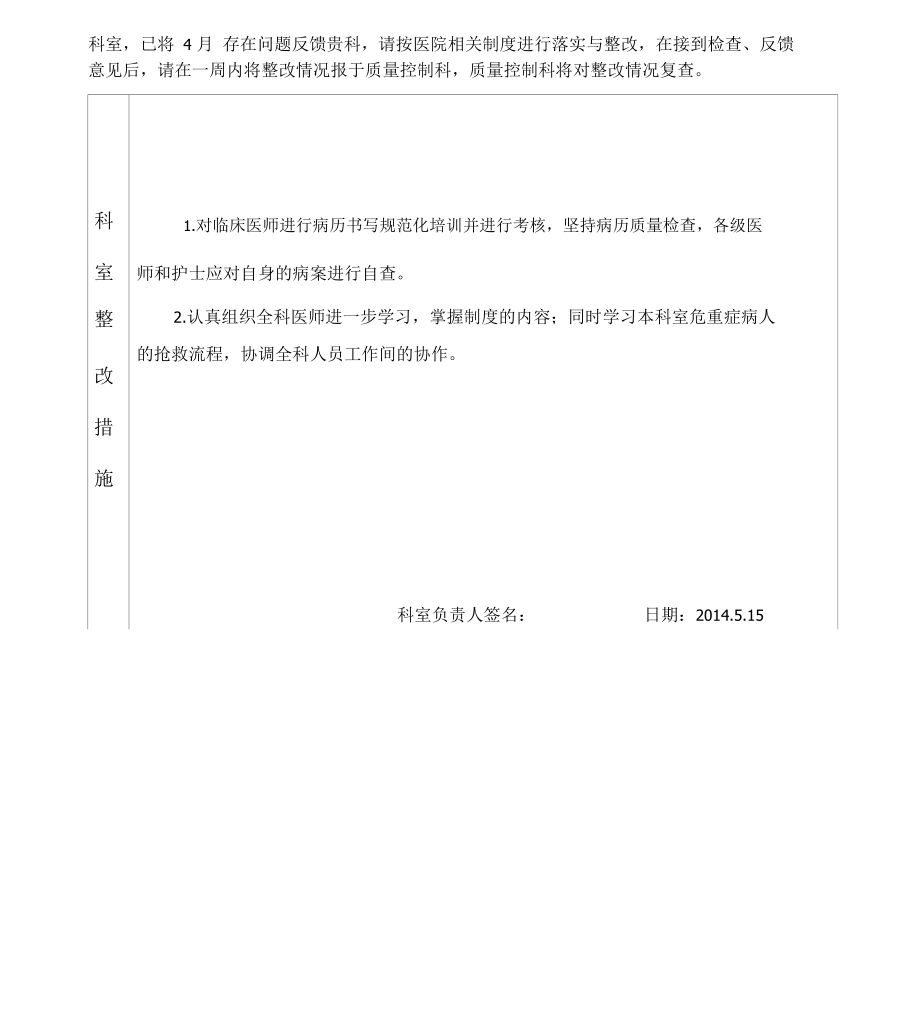 医疗质量与安全检查反馈整改表.doc