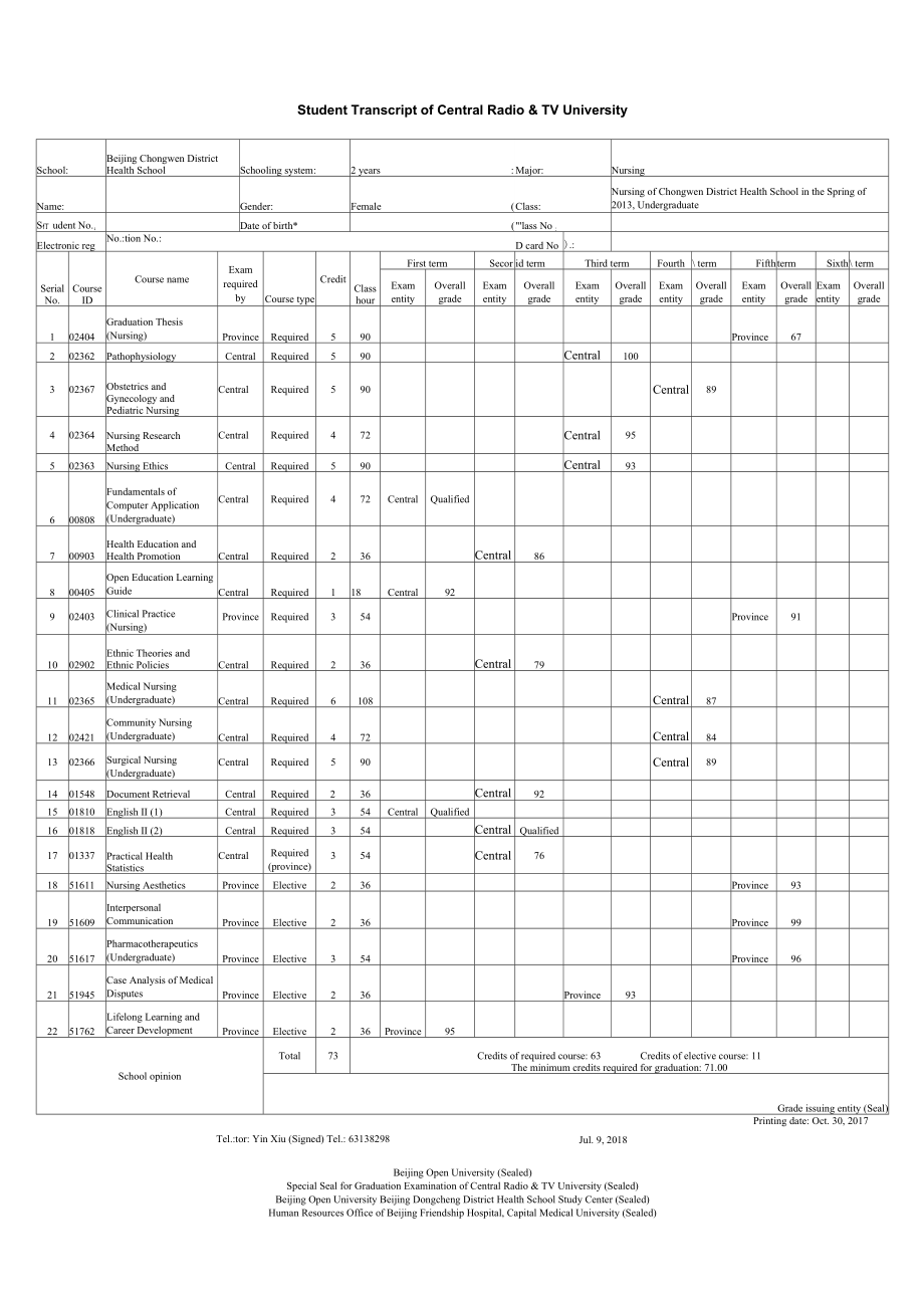 成绩单中央广播电视大学.doc