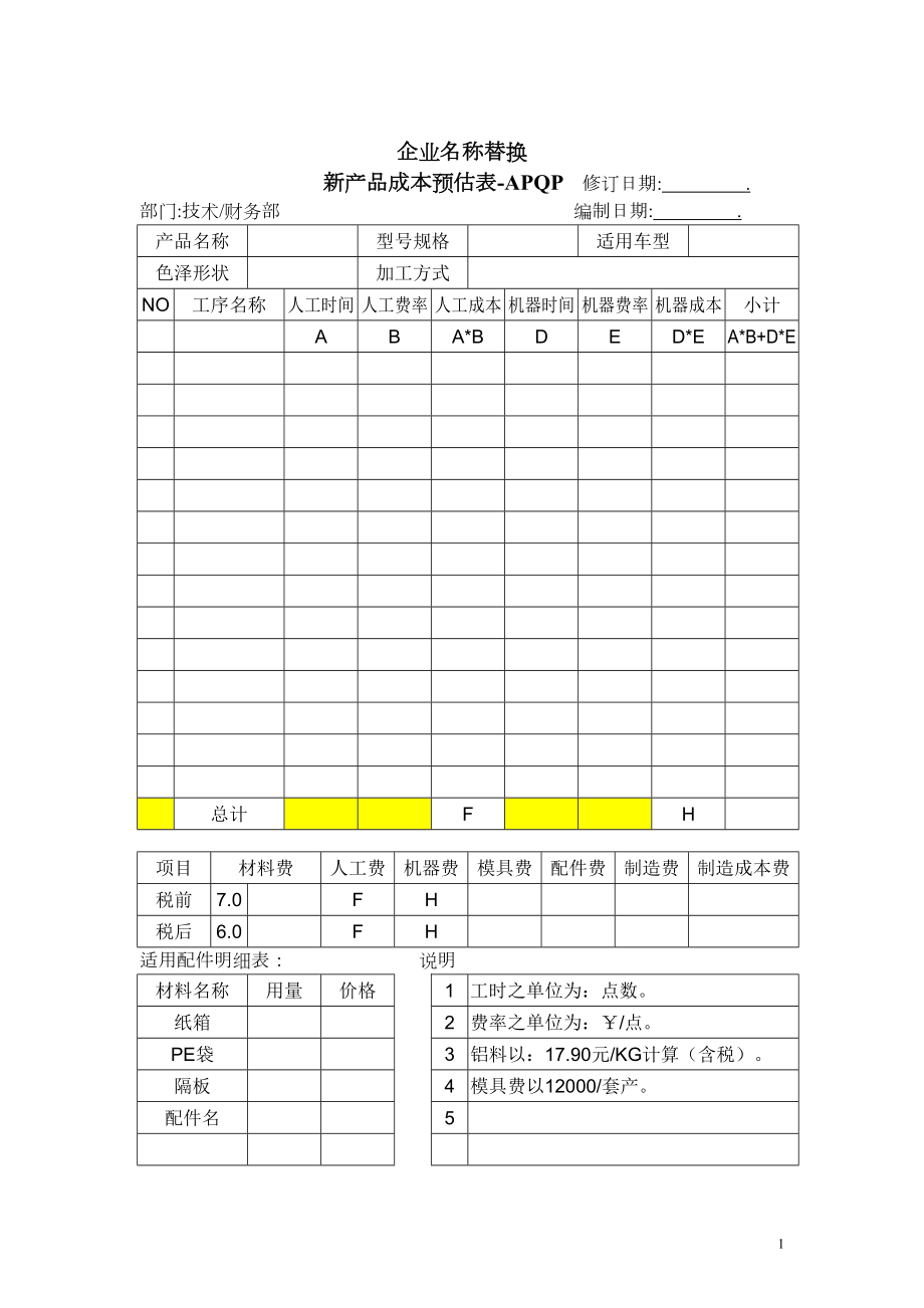 新产品成本预估表.doc