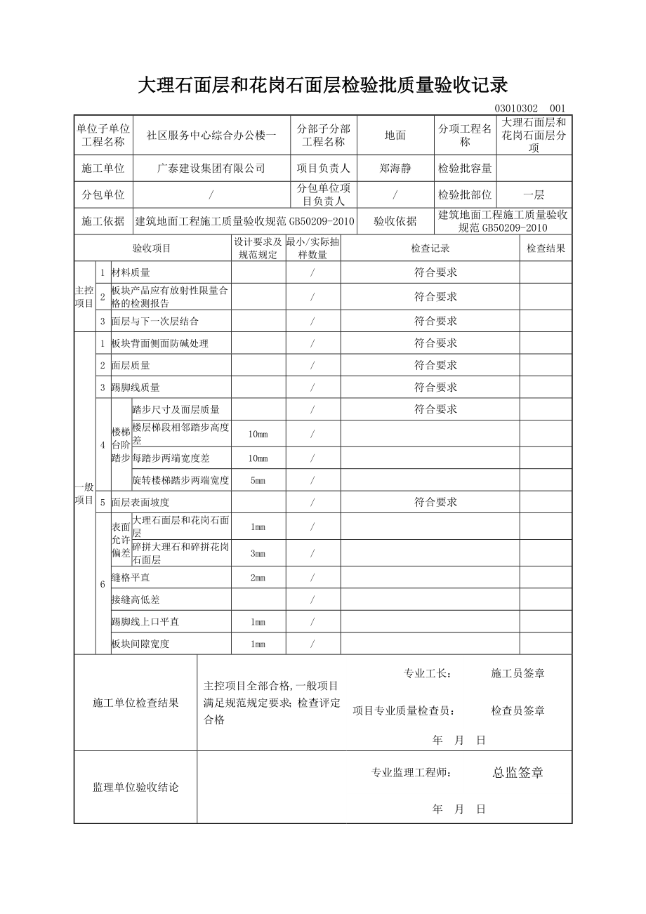 大理石面层和花岗石面层检验批质量验收记录检验批表.doc