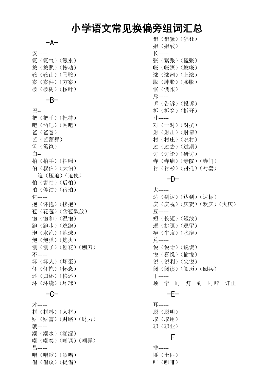 小学语文部编版常见换偏旁组词汇总.doc