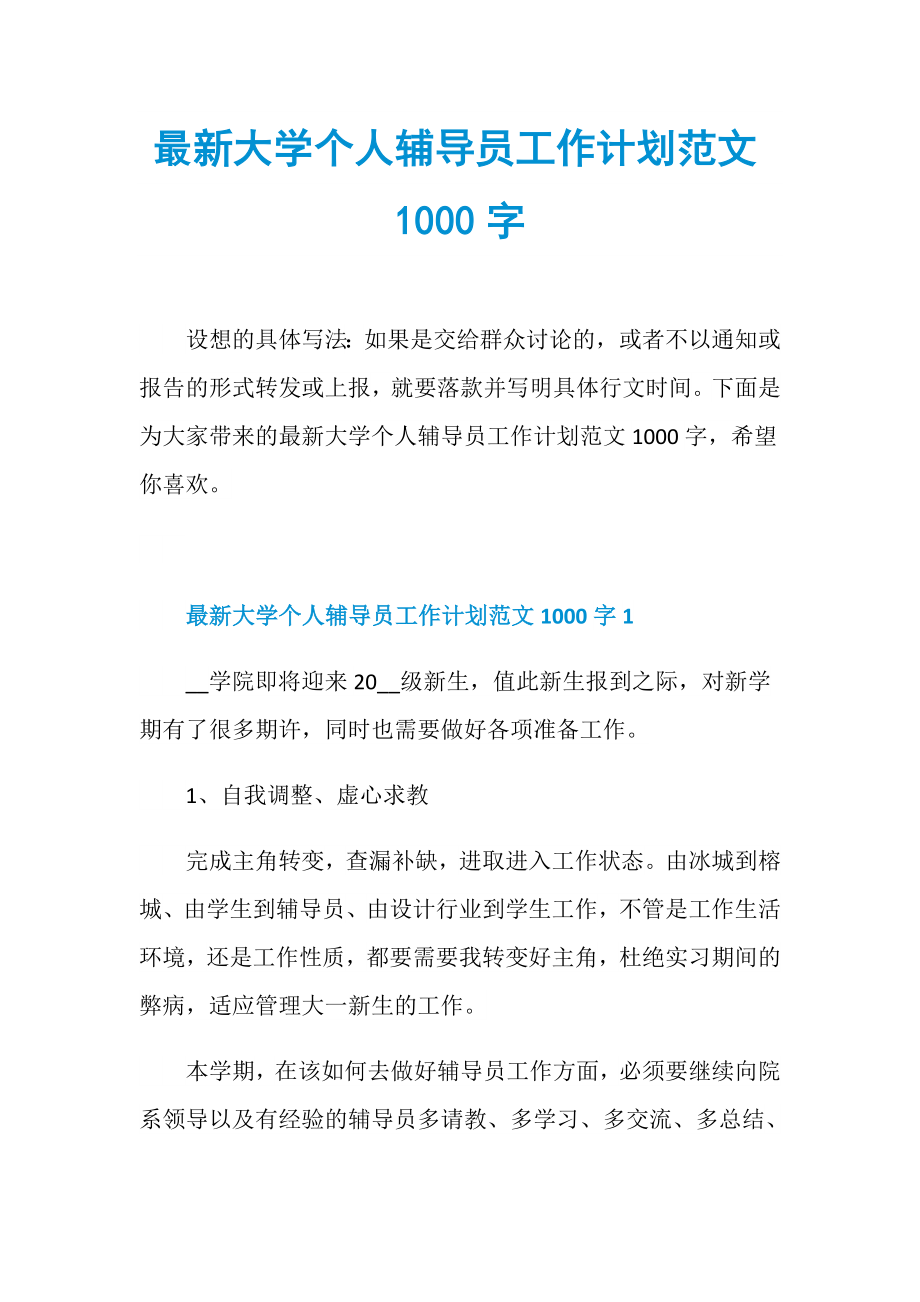 最新大学个人辅导员工作计划范文1000字.doc