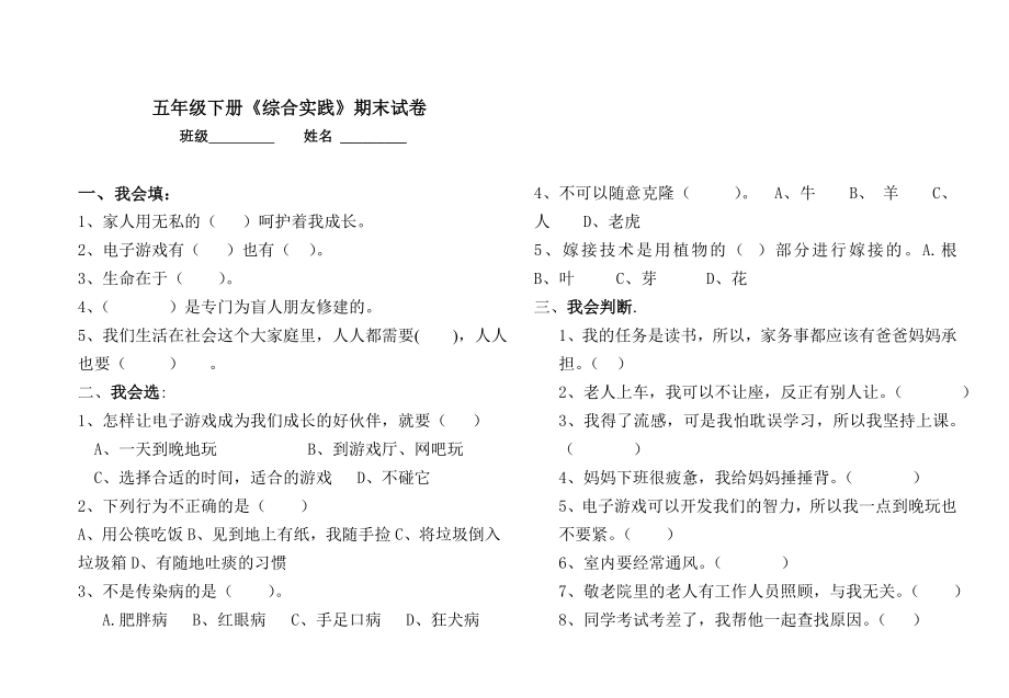 小学五年级下册综合实践试卷及答案.doc