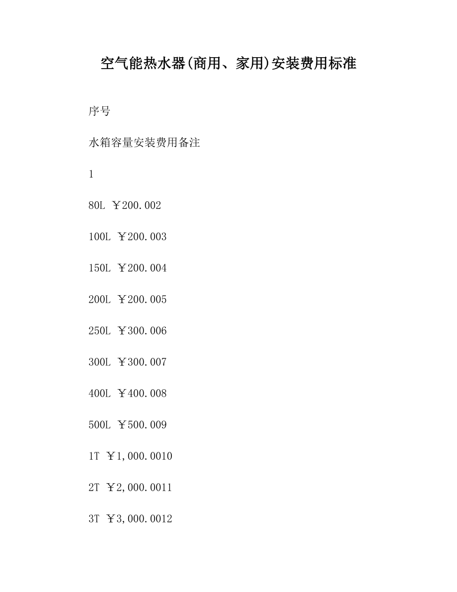 空气能热水器(商用、家用)安装费用标准.doc