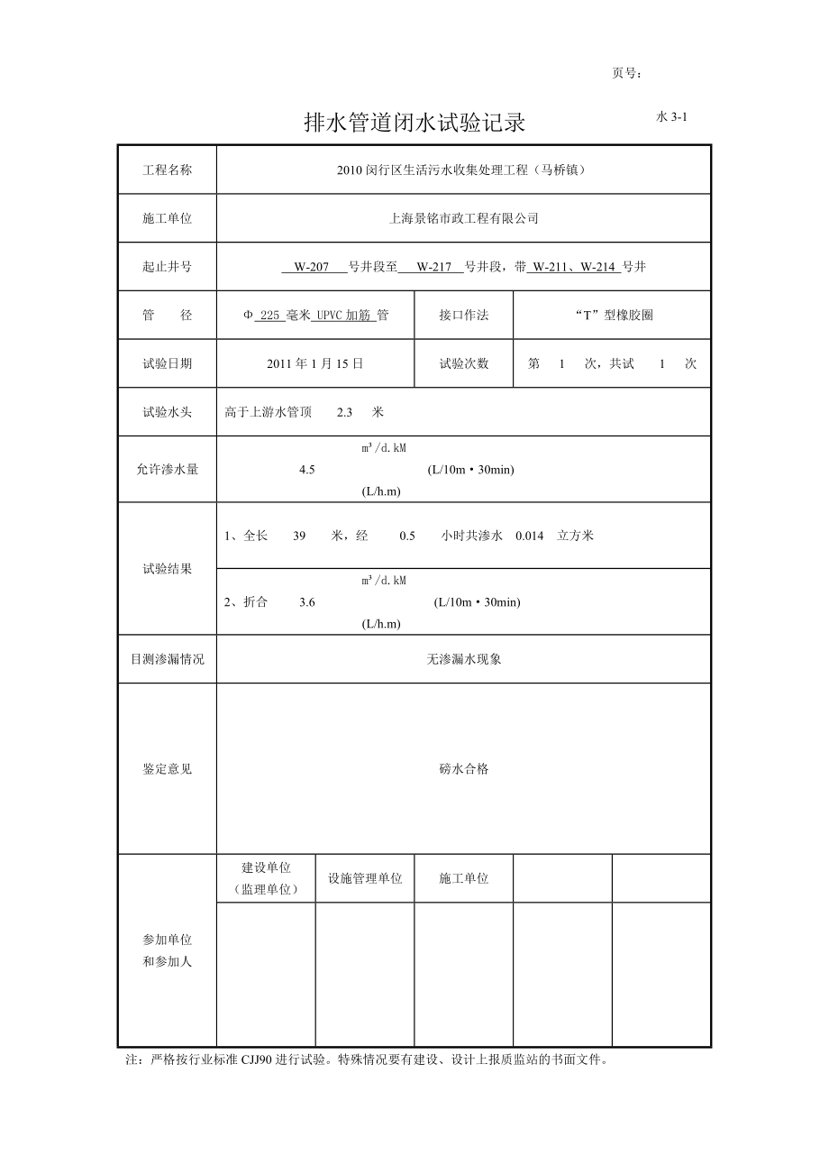 室外排水管道闭水试验记录示例.doc