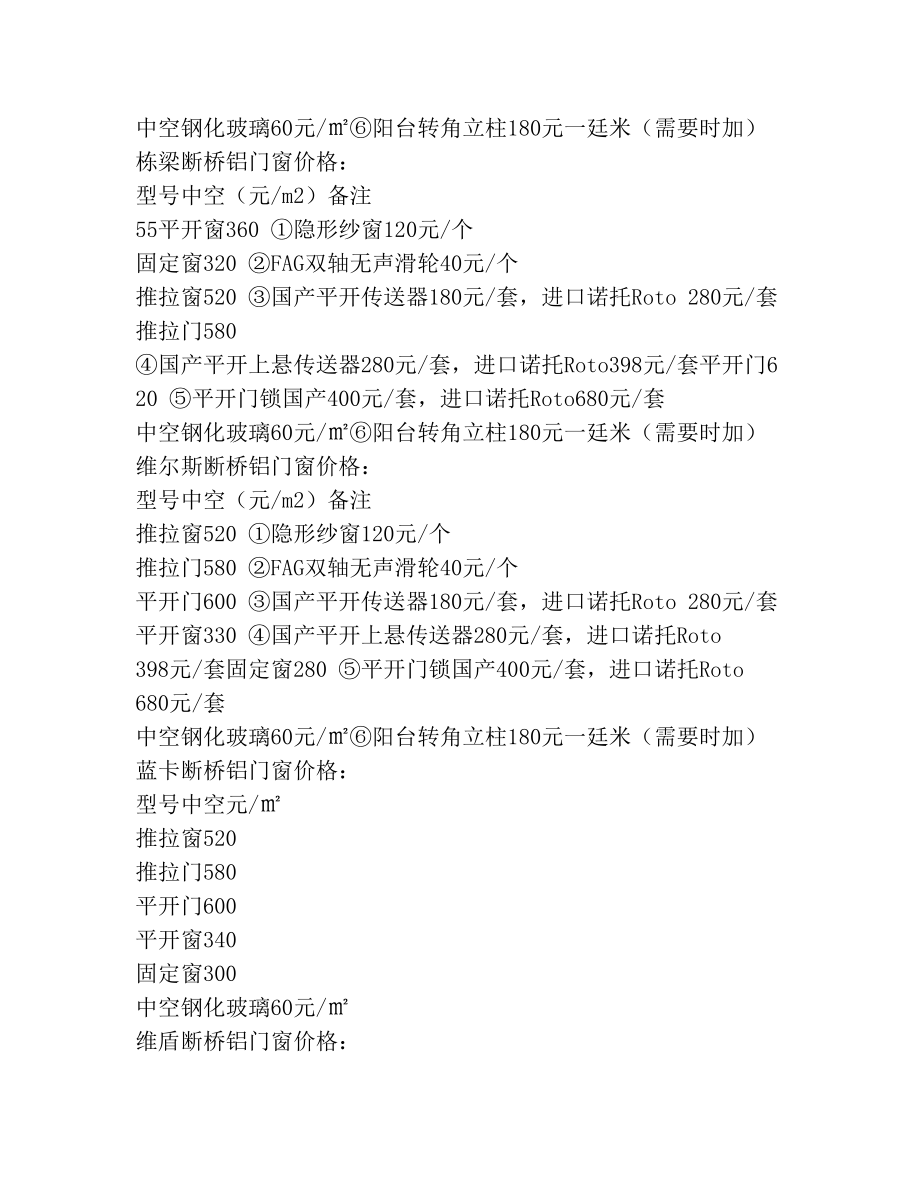 最全断桥铝门窗价格表(1).doc