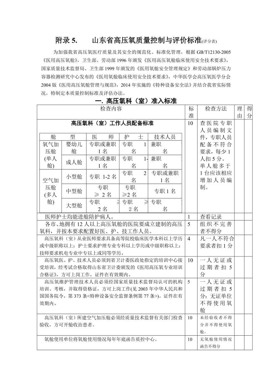 山东高压氧质量控制与评价标准.doc