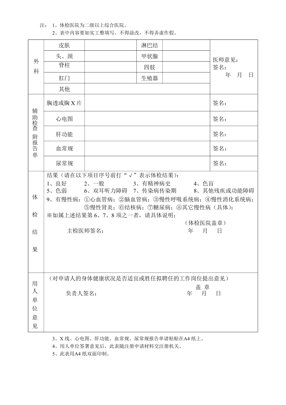 护士执业注册体检表格模板格模板.doc