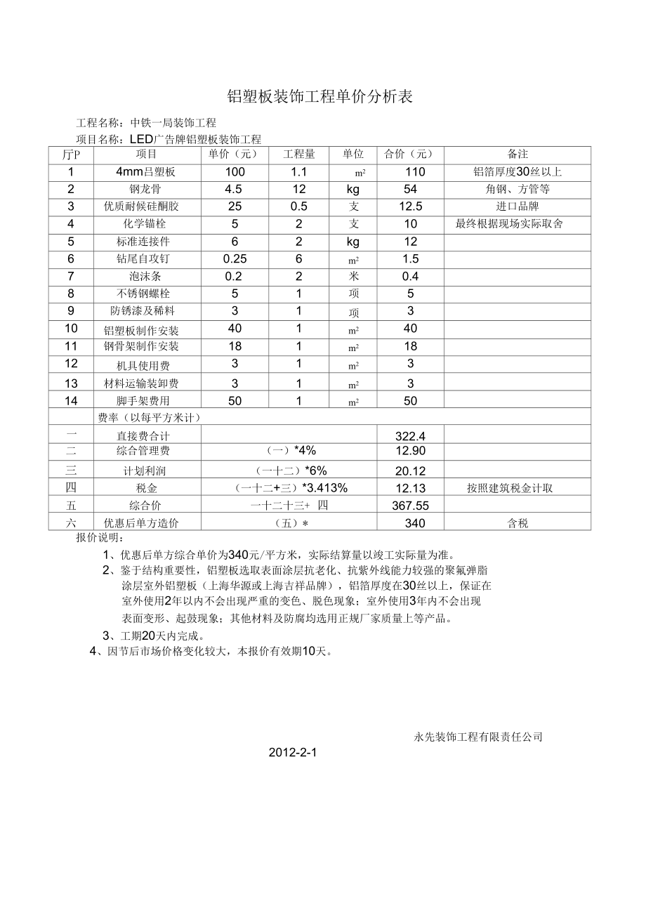 铝塑板装饰工程报价单铝塑板.doc