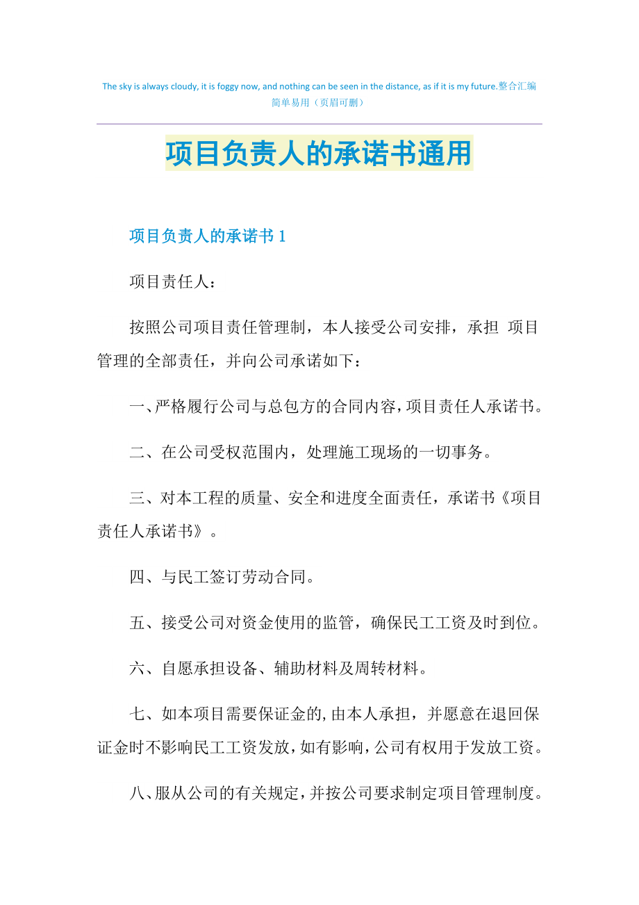 项目负责人的承诺书通用.doc