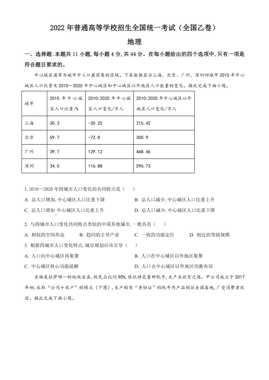 2022年高考全国乙卷地理真题无答案.doc