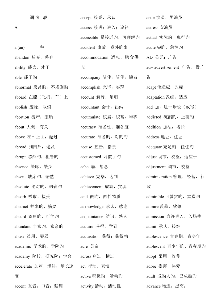 2022年专升本英语词汇表词汇表打印版.doc