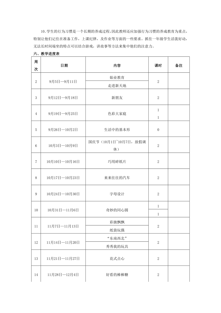 一年级上册美术教学计划及进度表.doc