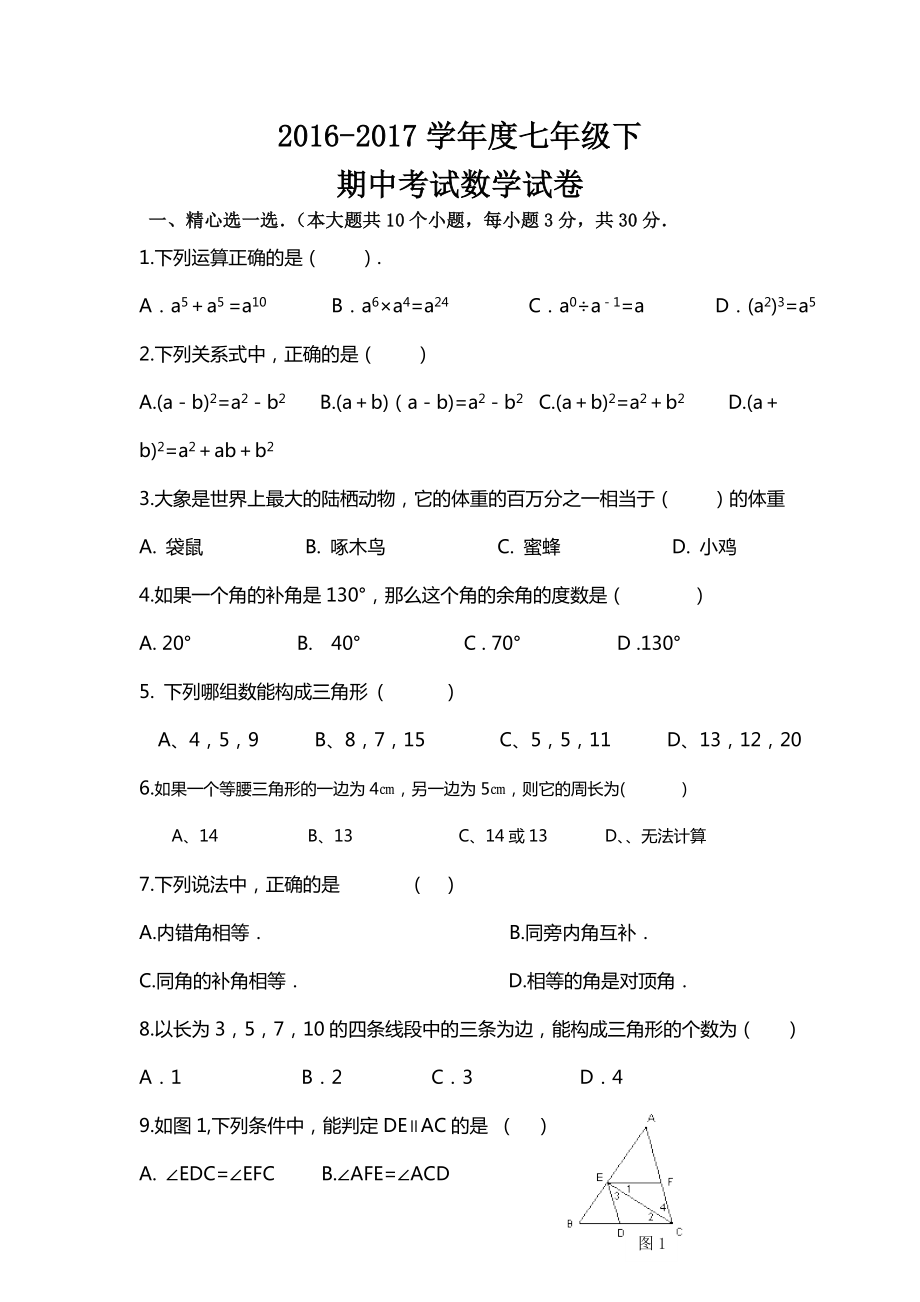 七年级下期中考试数学试卷(含答案).doc