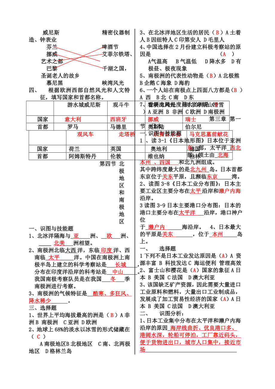 湘教版七年级地理下册复习题.doc