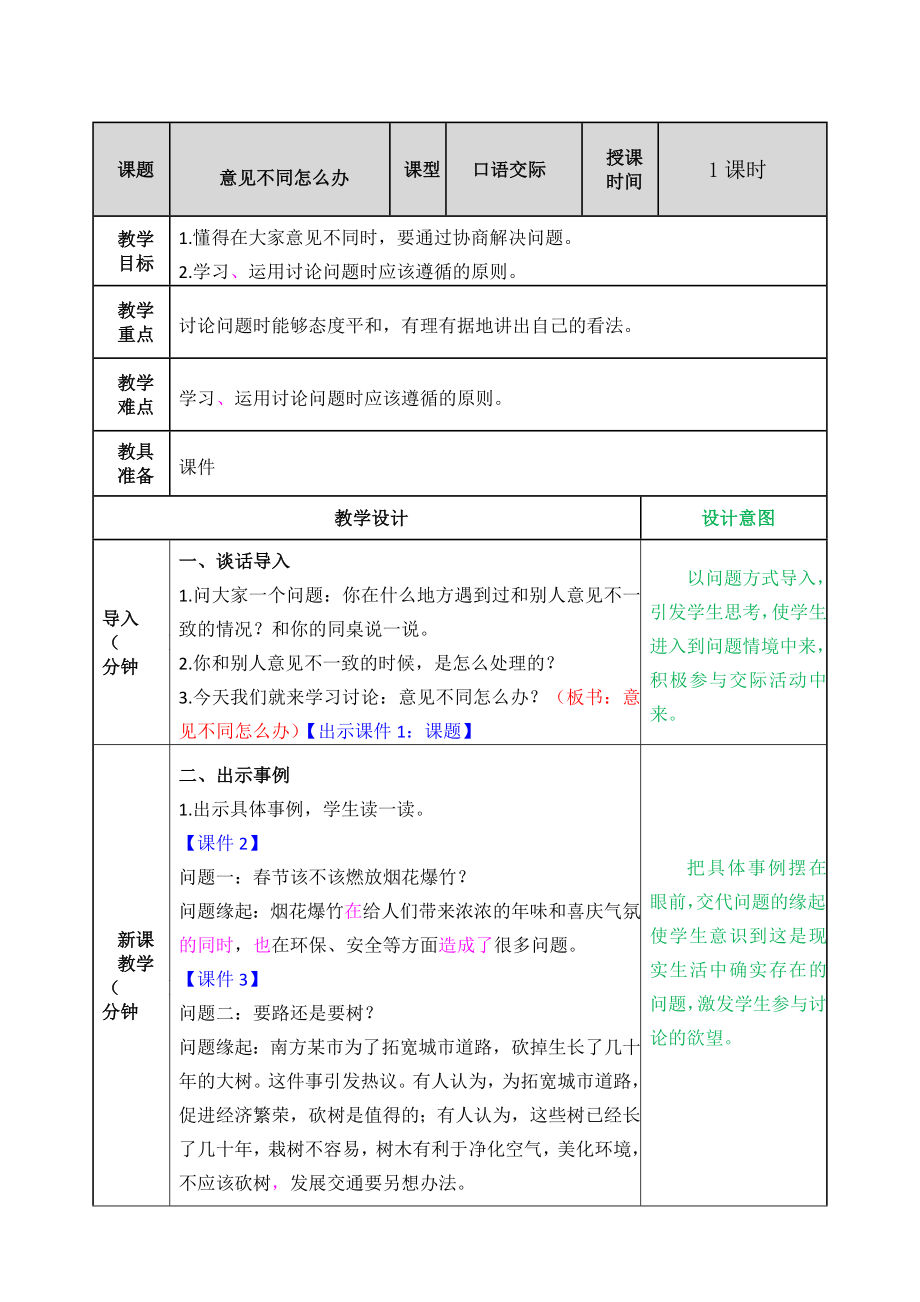 部编版六年级上册语文口语交际意见不同怎么办教案.doc