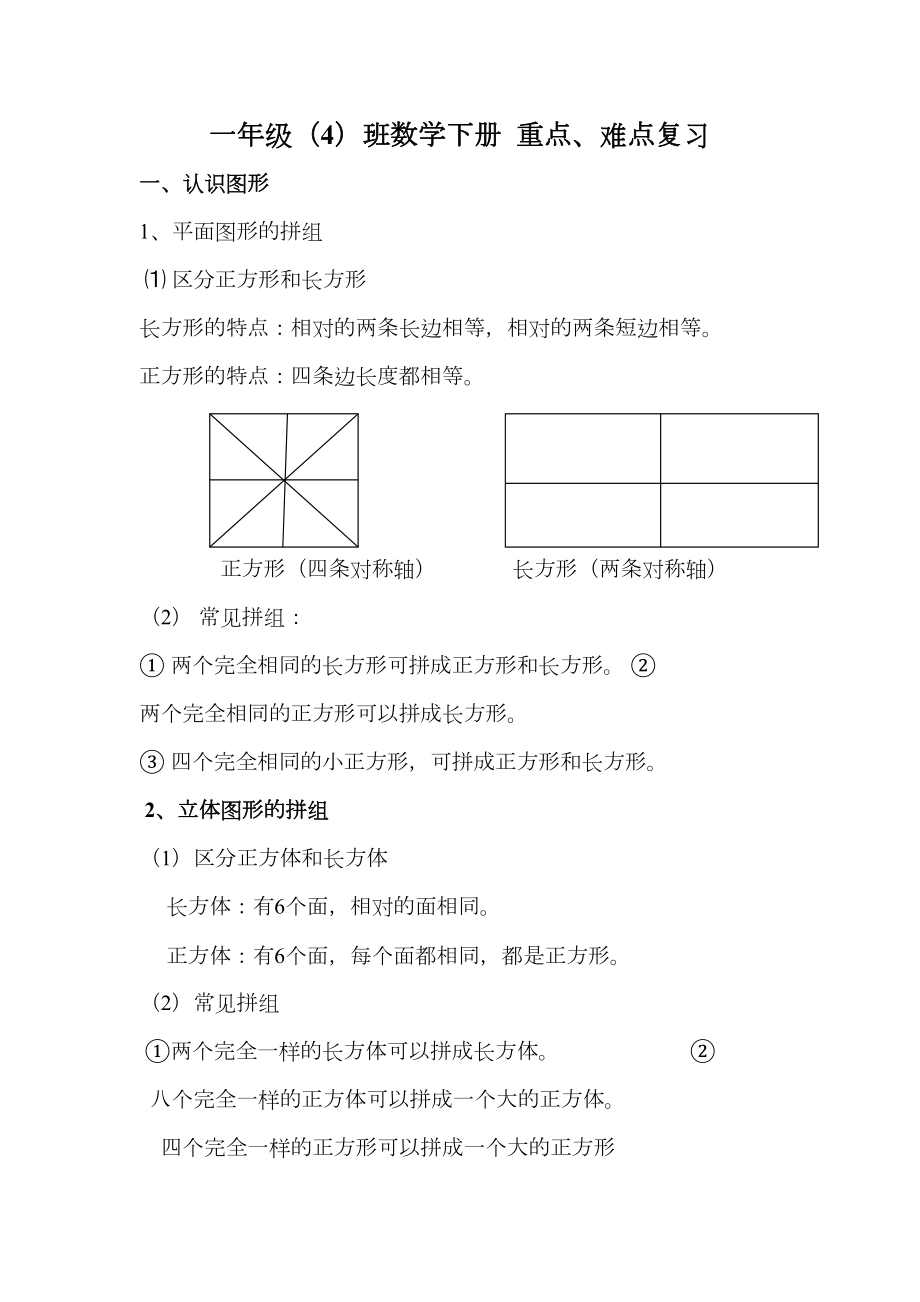 人教版一年级数学下册重点难点.doc