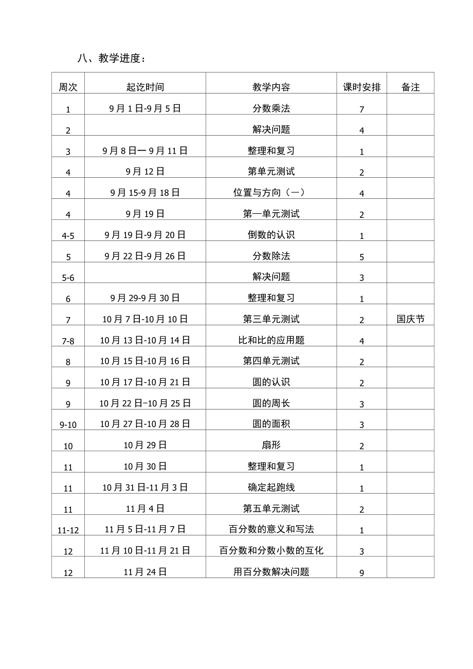 人教版六年级数学上册教学计划含进度表.doc