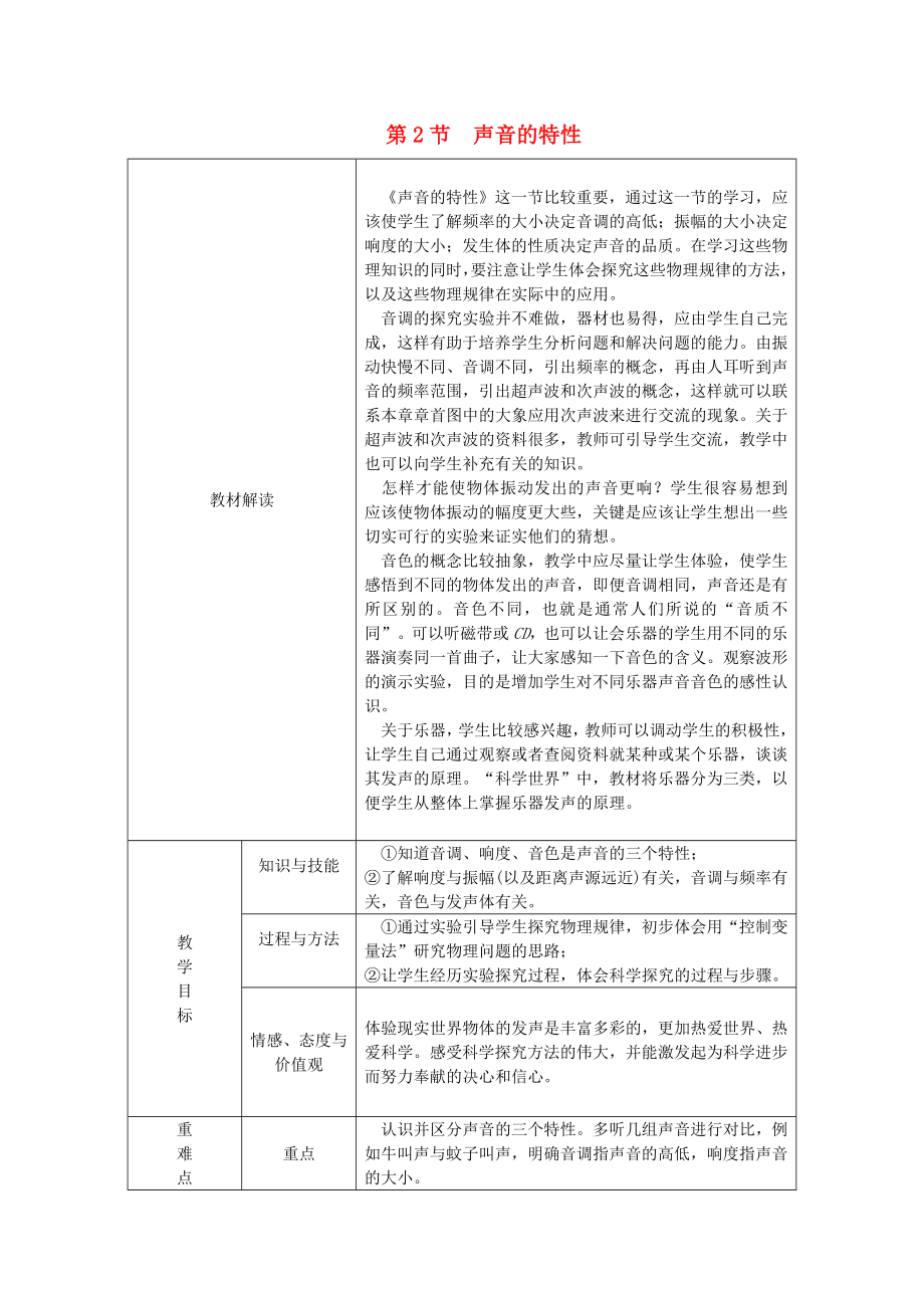 八年级物理上册第二章第2节声音的特性教学设计（新版）新人教版.doc