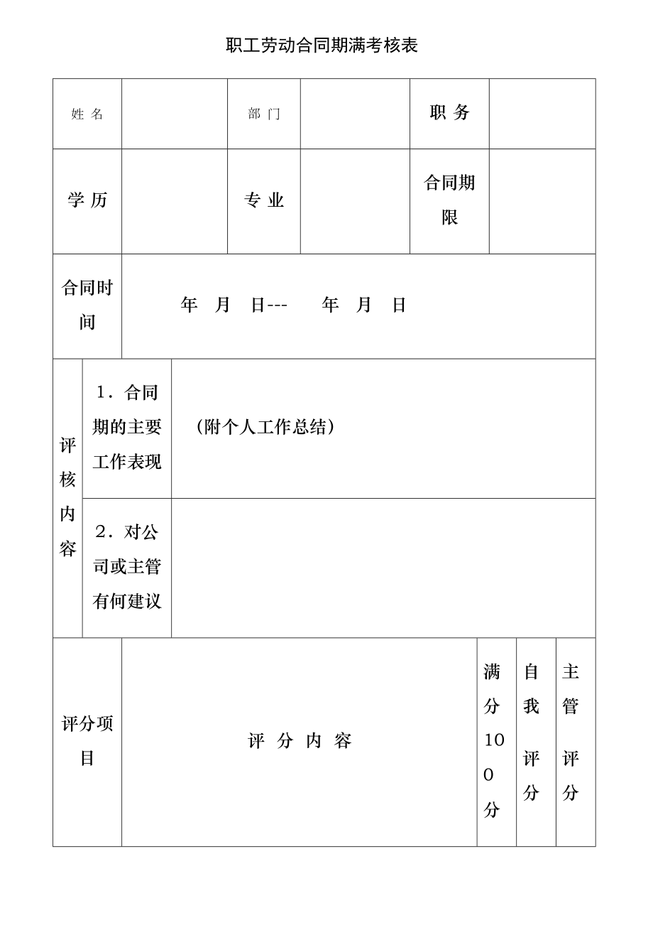 职工劳动合同协议书期满考核表.doc