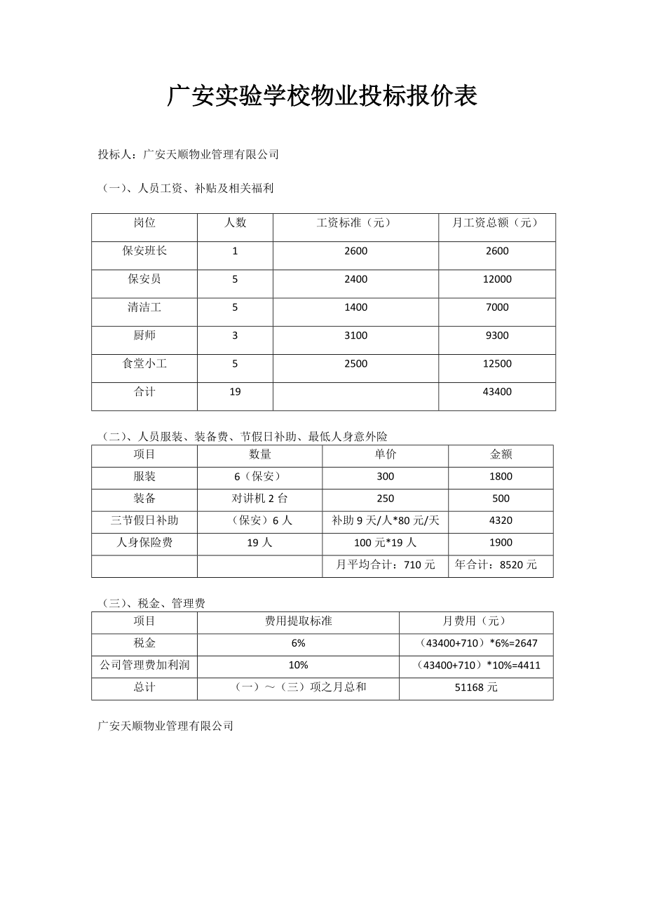 物业公司投标报价表.doc