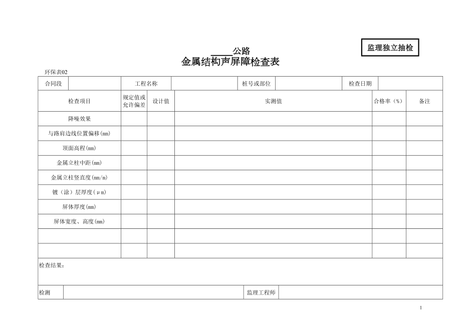 公路工程金属结构声屏障检查表.doc