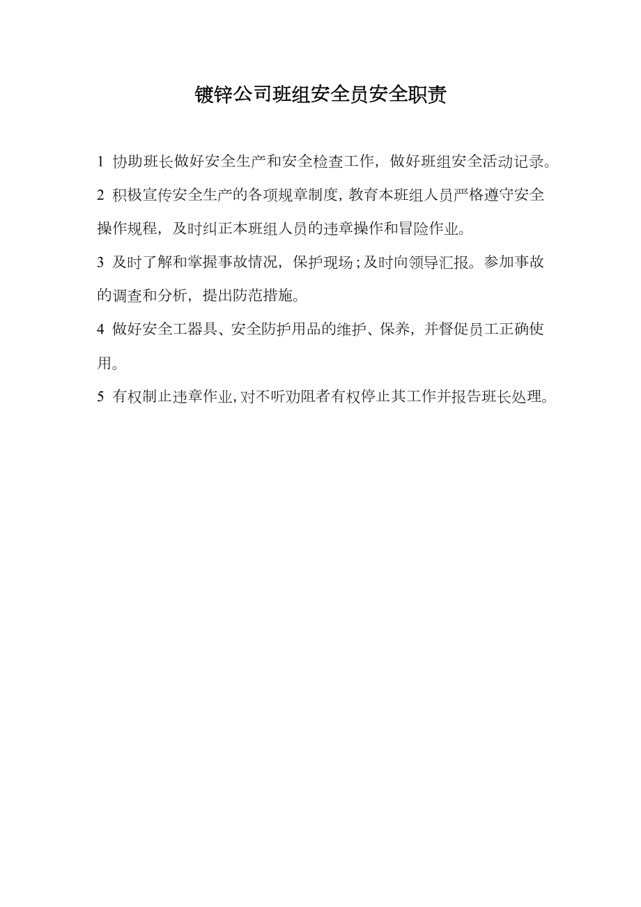 镀锌公司班组安全员安全职责.doc