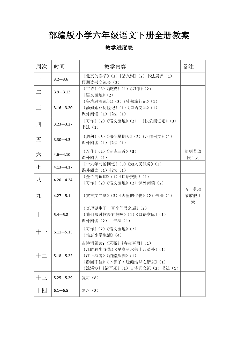 部编版小学六年级语文下册全册教案.doc