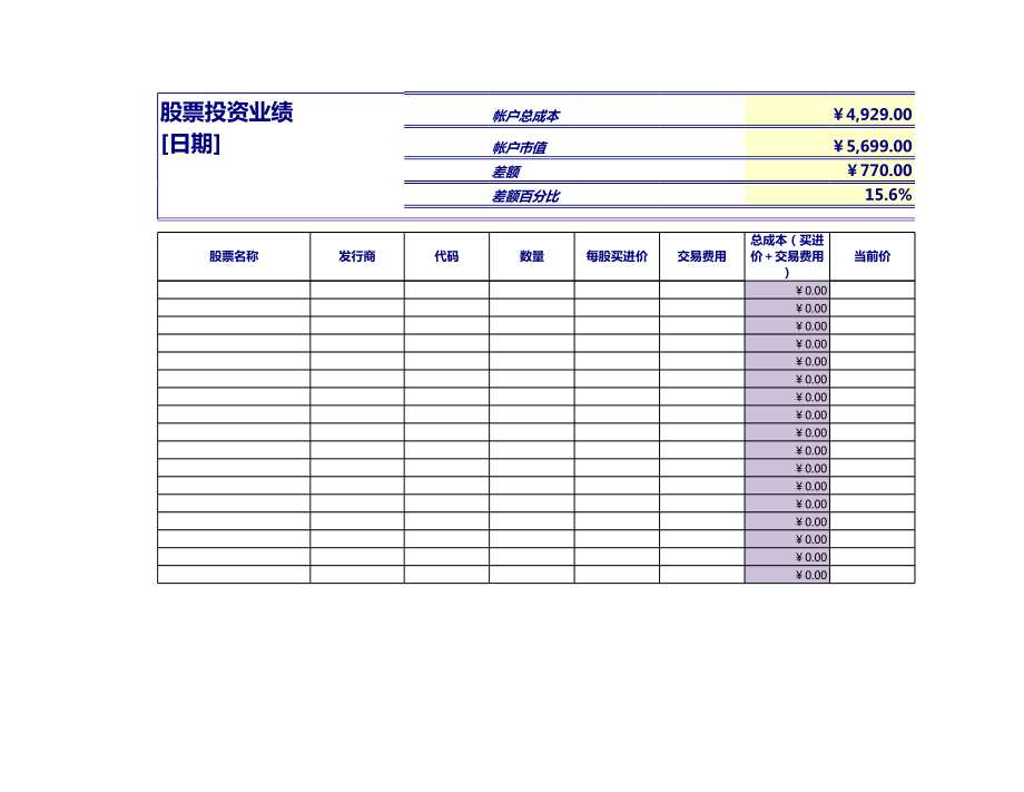 股票投资业绩表格excel模板.xls