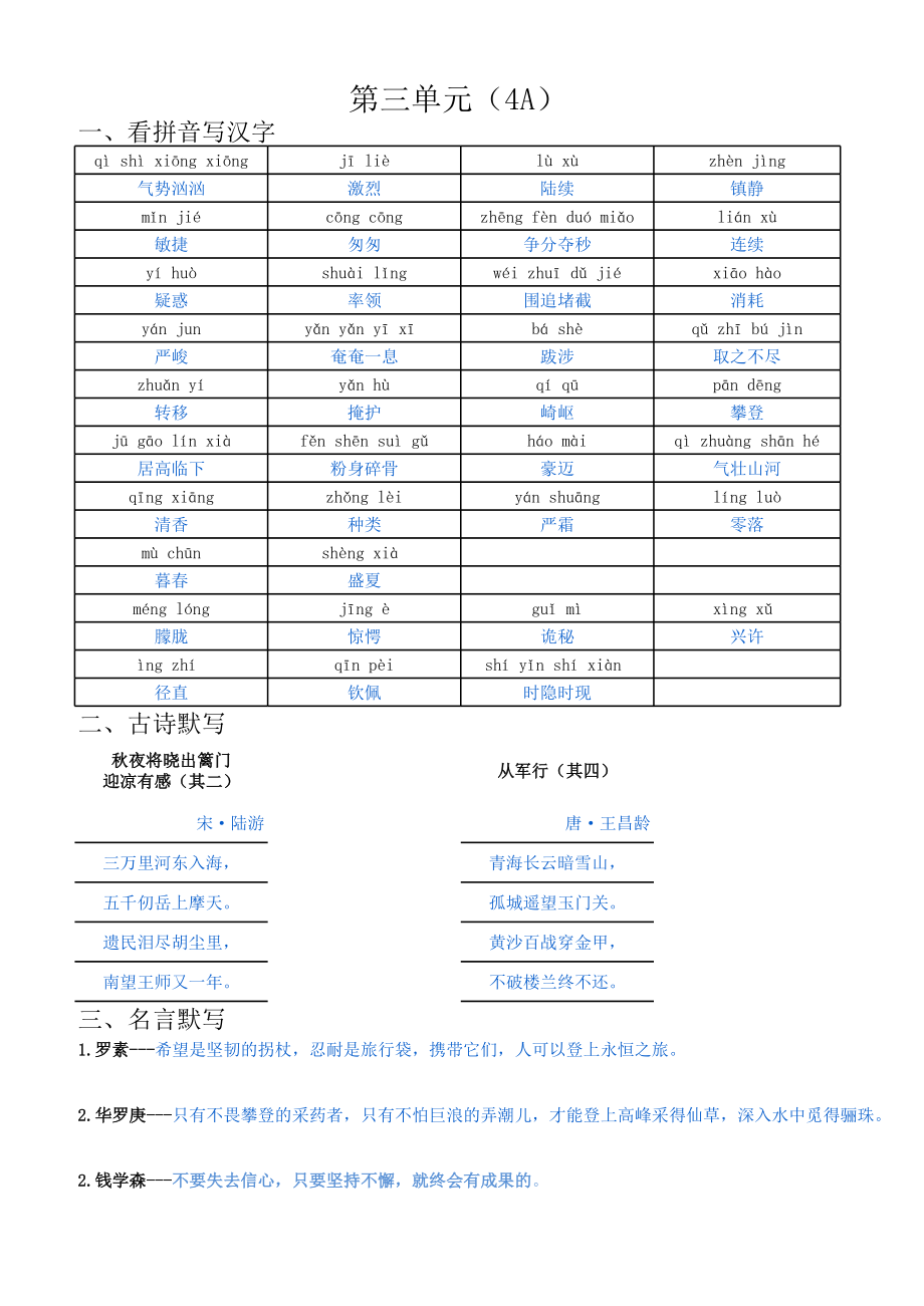 沪教版小学语文四年级上册词语表(带拼音)古诗名言.xls