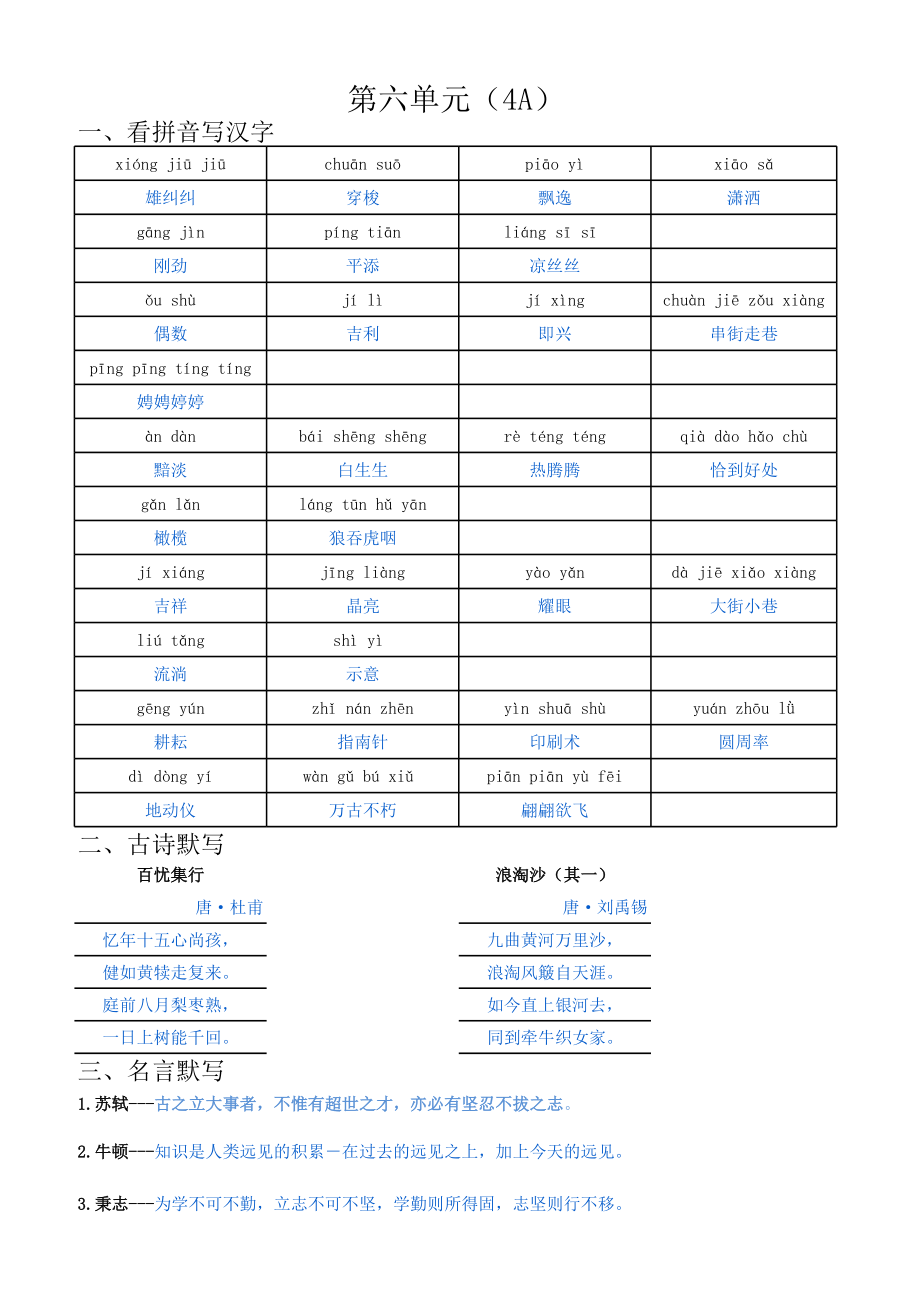 沪教版小学语文四年级上册词语表(带拼音)古诗名言.xls