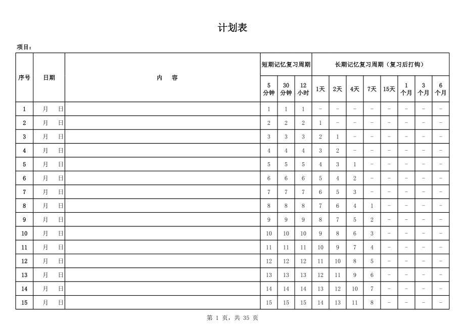 艾宾浩斯遗忘曲线复习计划表 (2).xls