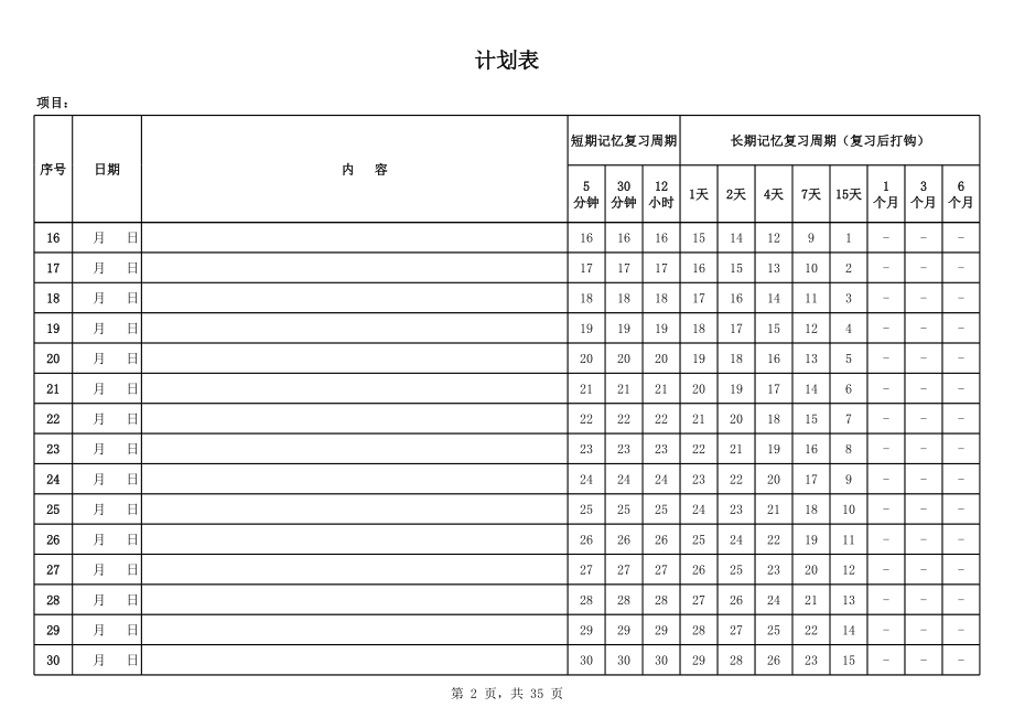 艾宾浩斯遗忘曲线复习计划表 (2).xls