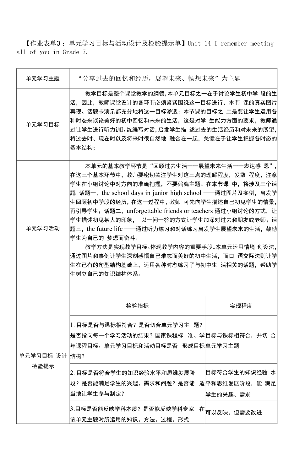 Unit14IremembermeetingallofyouinGrade单元学习主题设计及检验提示单.doc