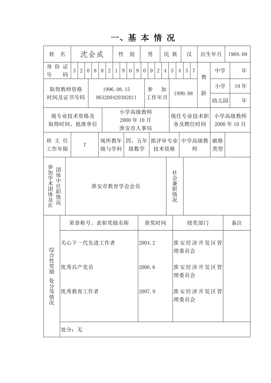 中小学教师专业技术资格评审申报表(沈校.doc