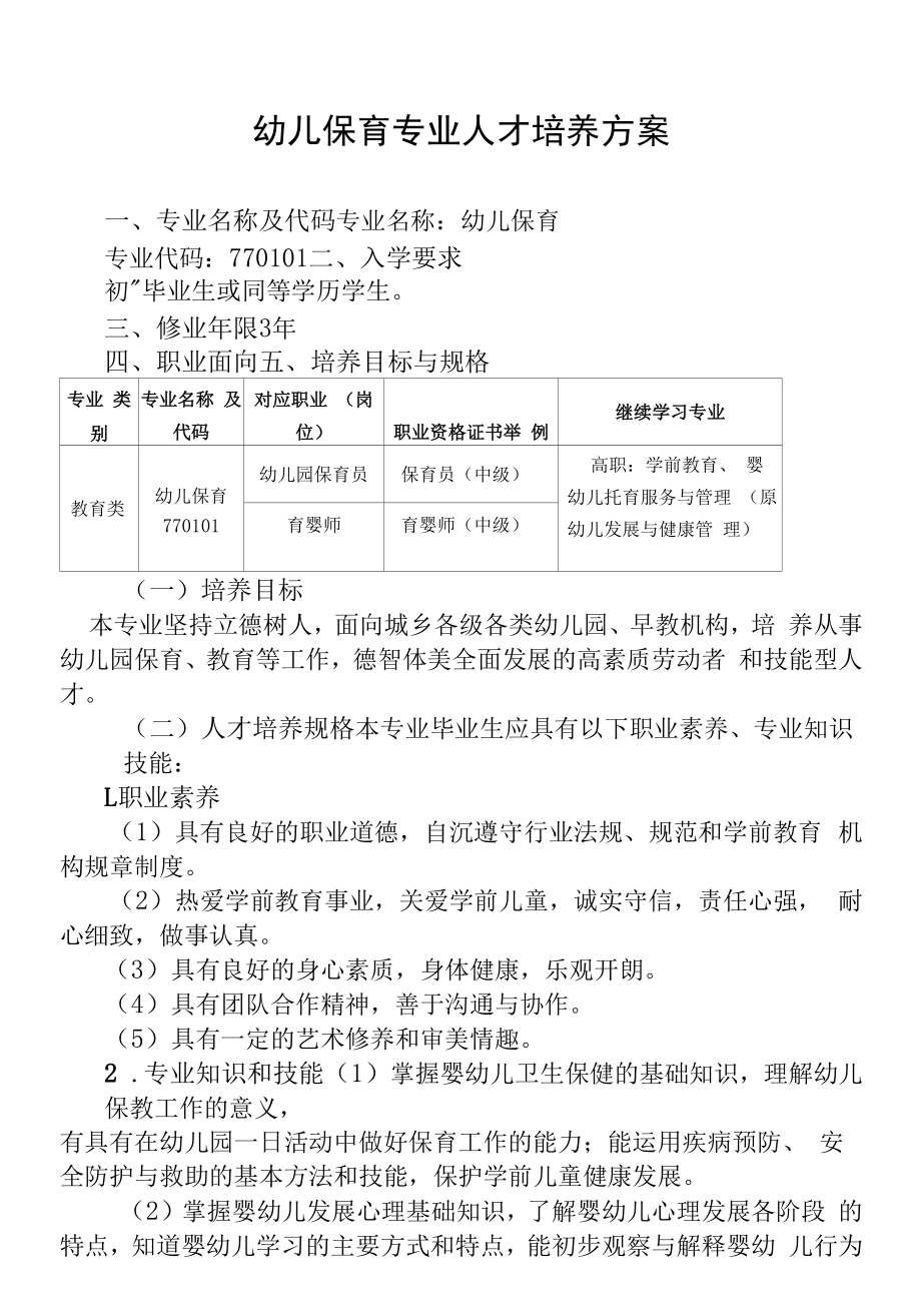 幼儿保育专业人才培养方案（高职）.doc