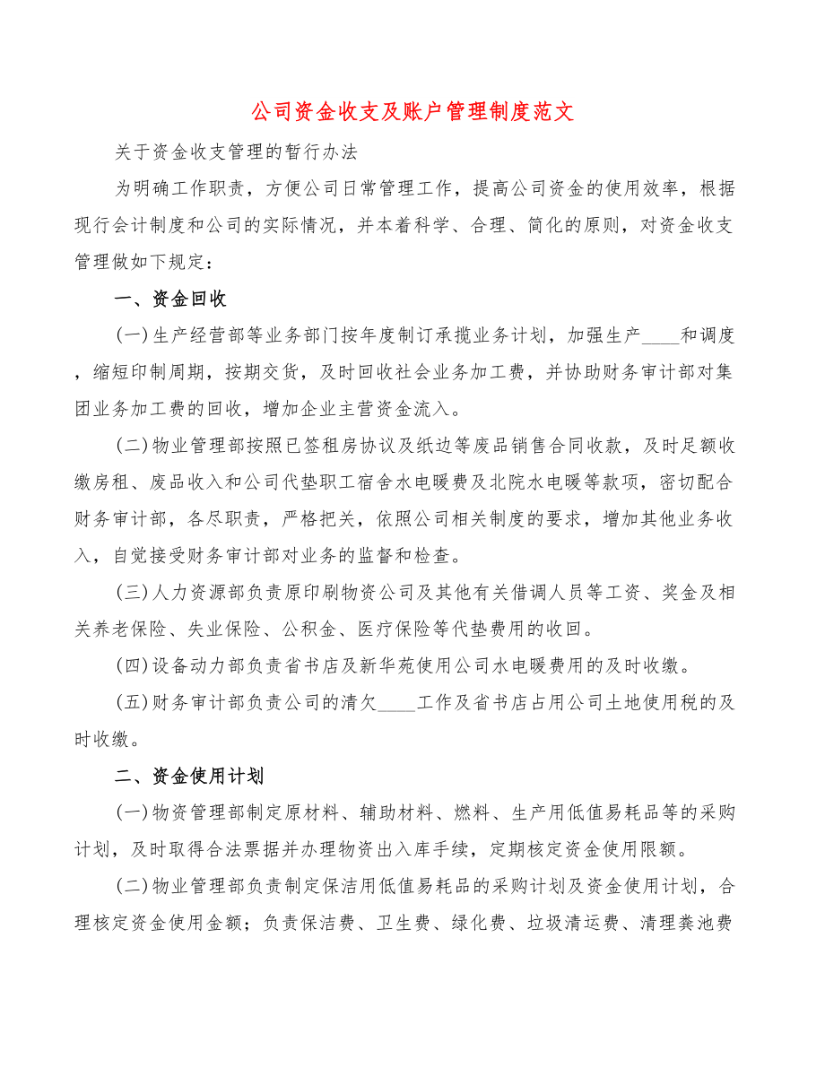 公司资金收支及账户管理制度范文.doc